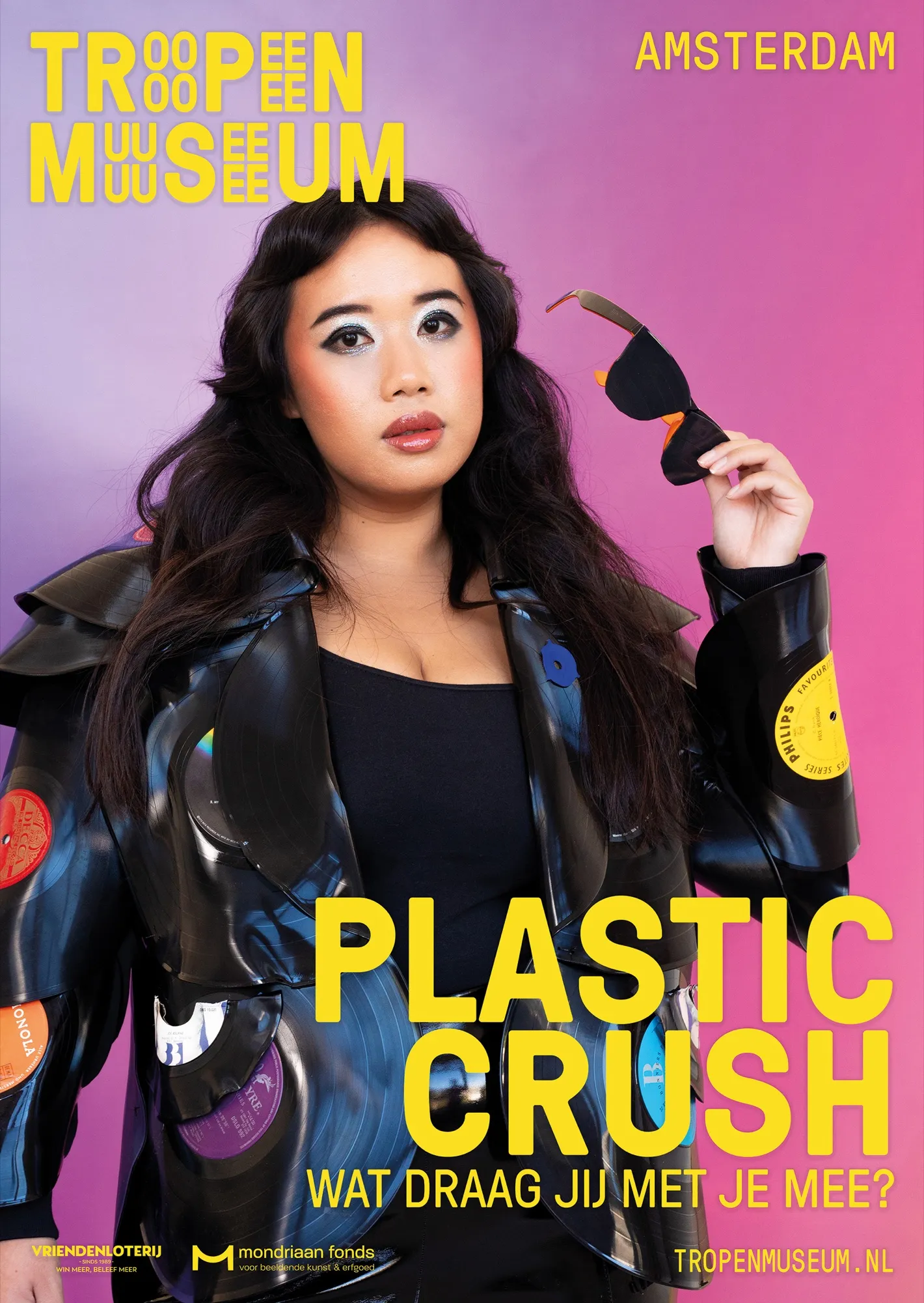 Museum campaign poster by Bete van Meeuwen: portrait in a plastic-covered jacket holding sunglasses