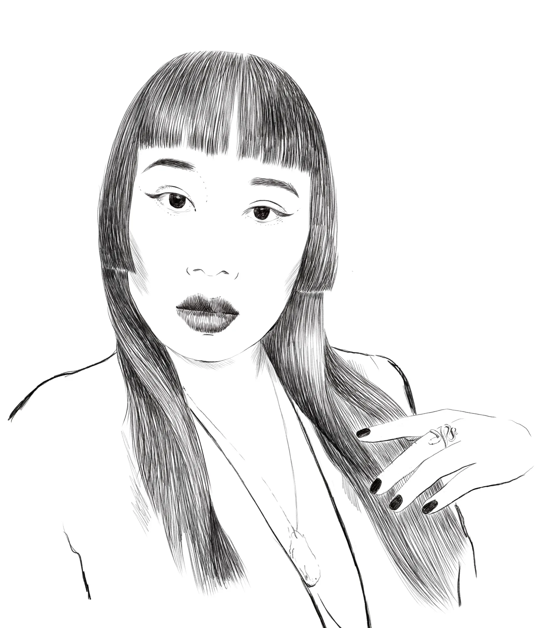 Pencil-drawn portrait with long hair and dark lipstick, by illustrator thefoxismine