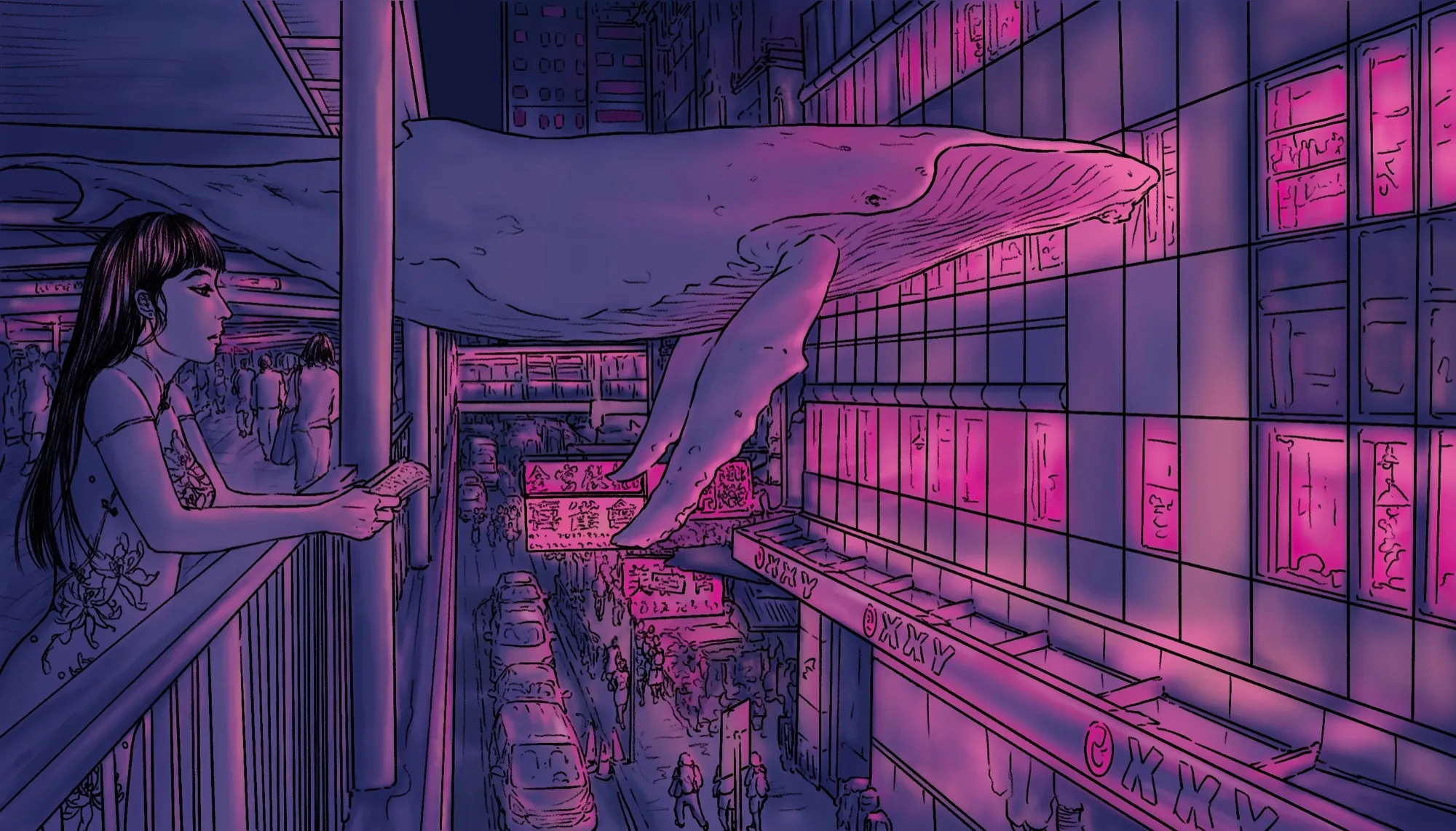 A whale drifts between the neon signs of a crowded shopping street at night
