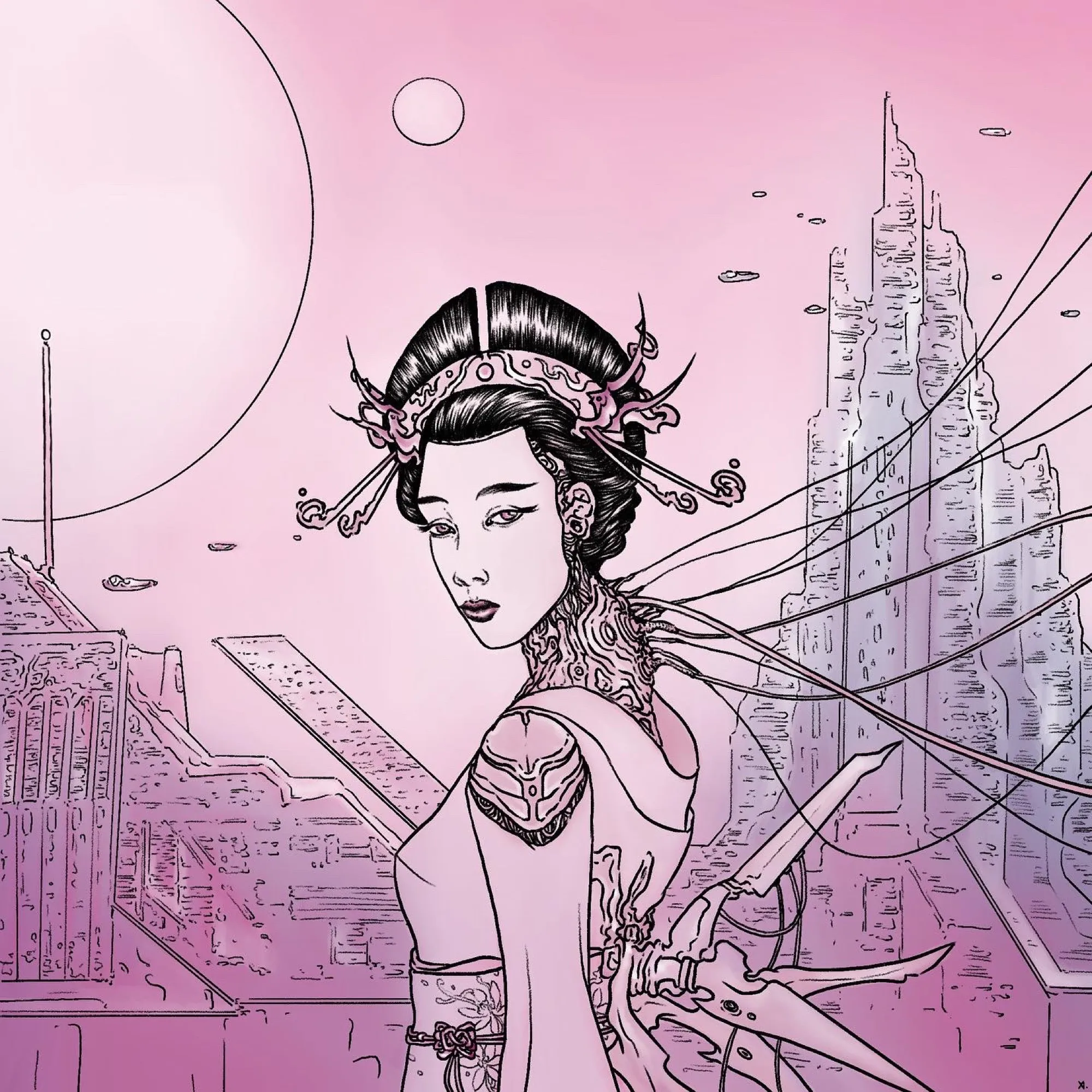 A cyber empress with ornate hairpins, wired into a rose-tinted city skyline