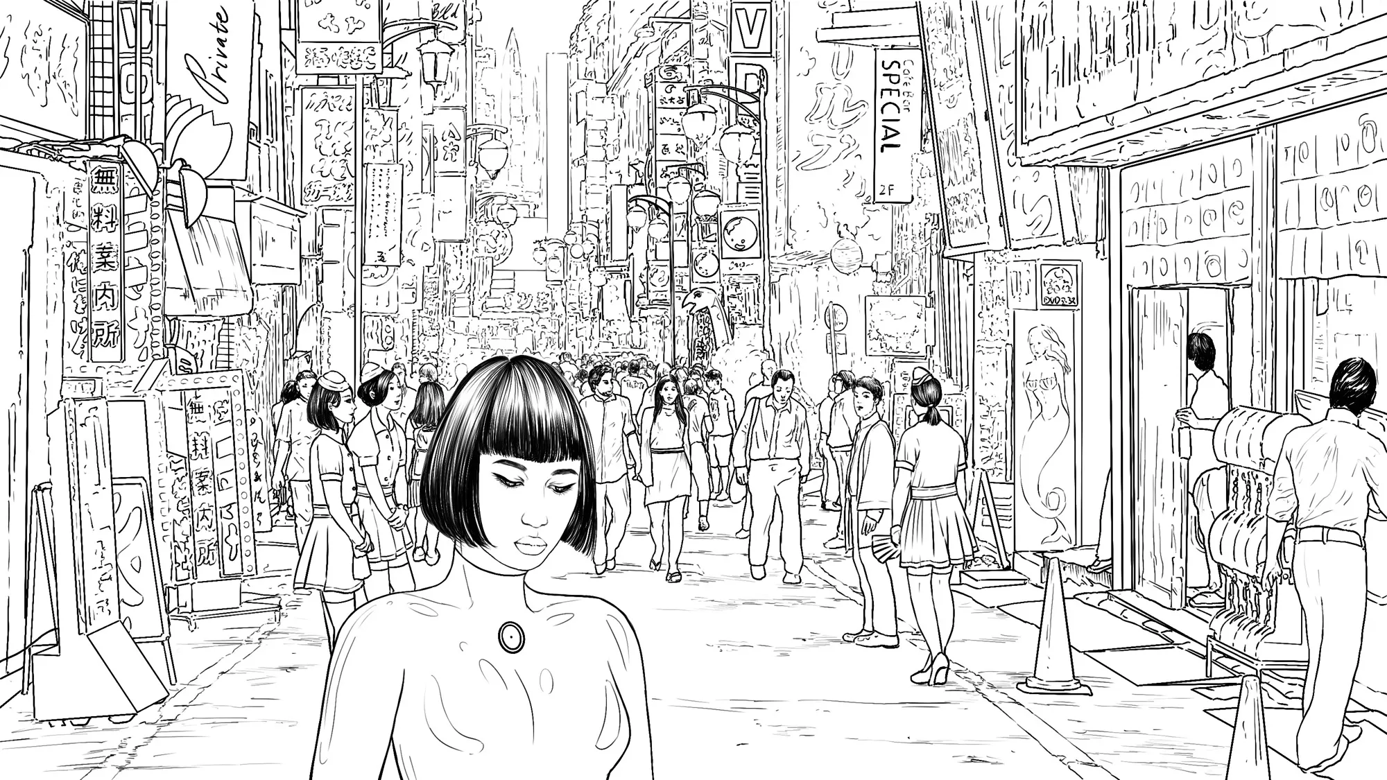 Detailed line drawing of a crowded Shinjuku shopping street in Tokyo