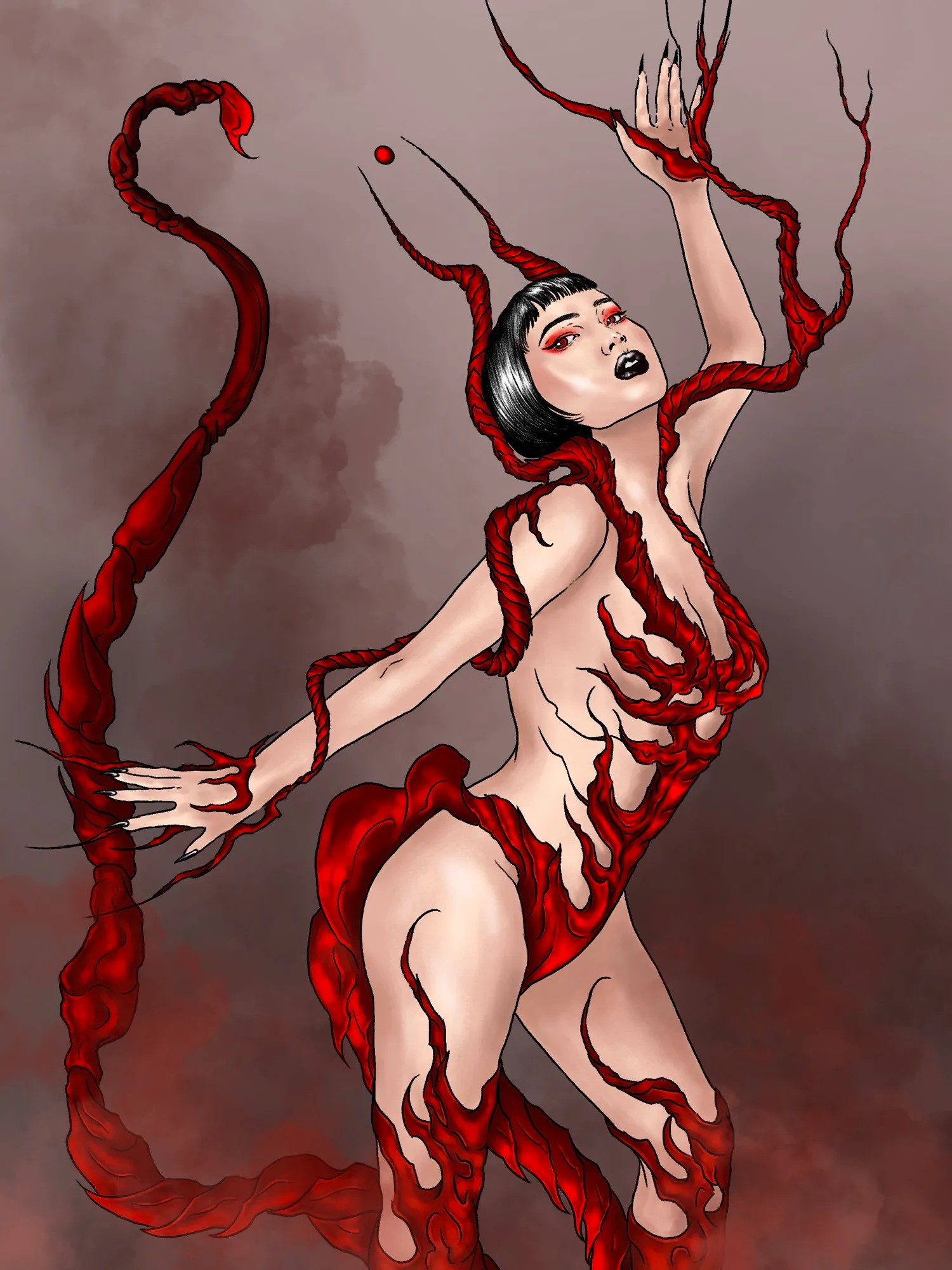 A figure arched backwards, entwined in ribbons of red