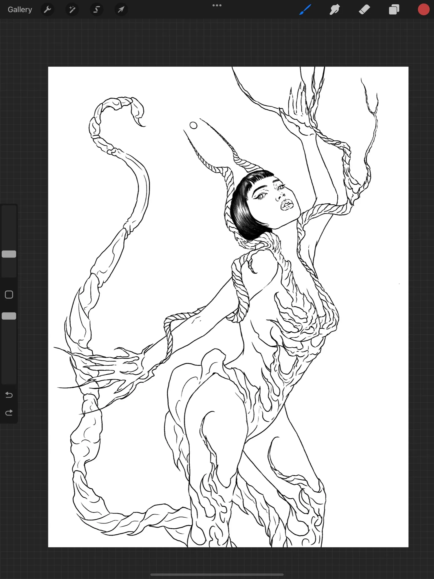 The Tendrils figure as clean line art in Procreate