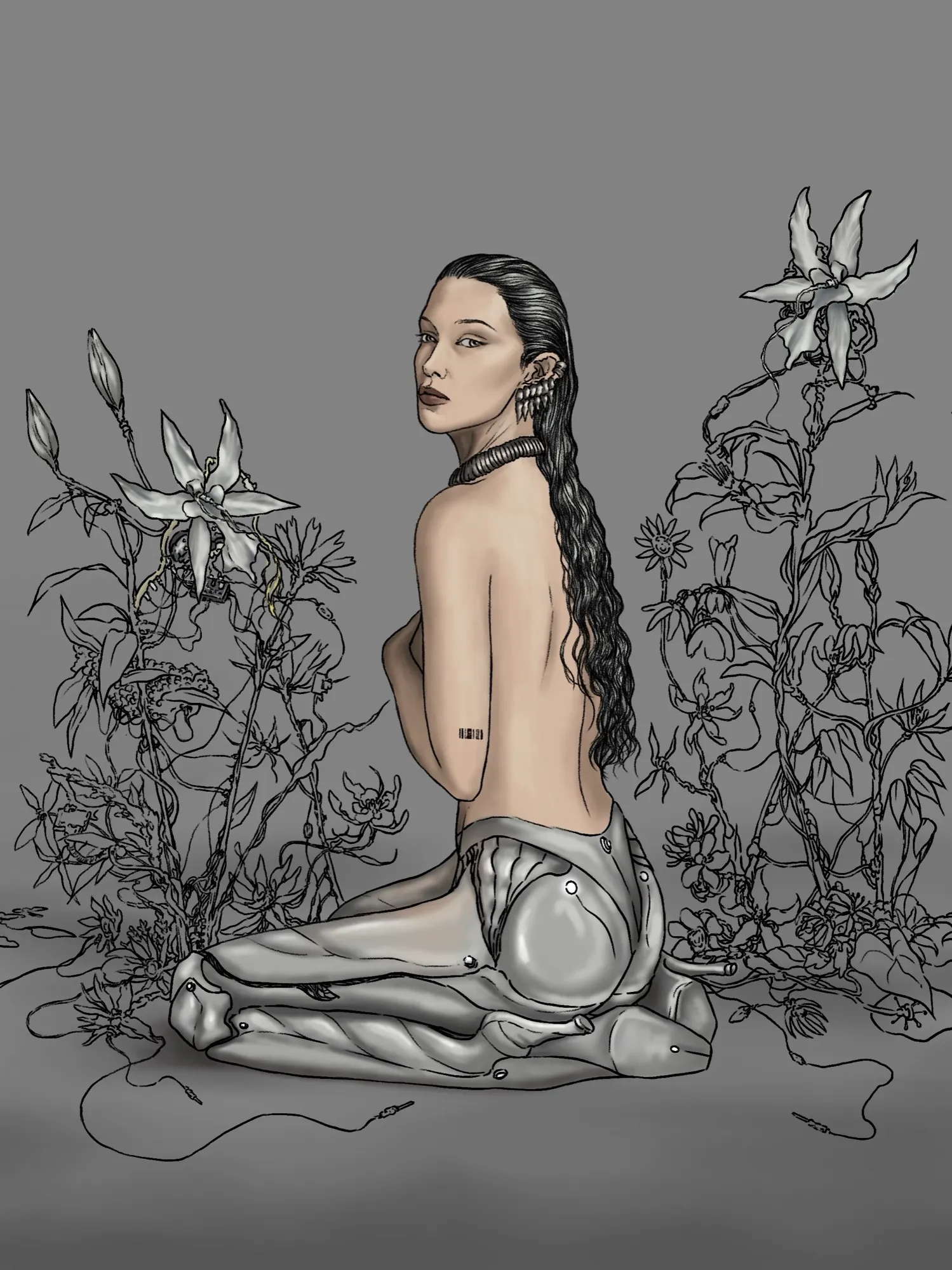 A kneeling android figure with a long braid, surrounded by lilies