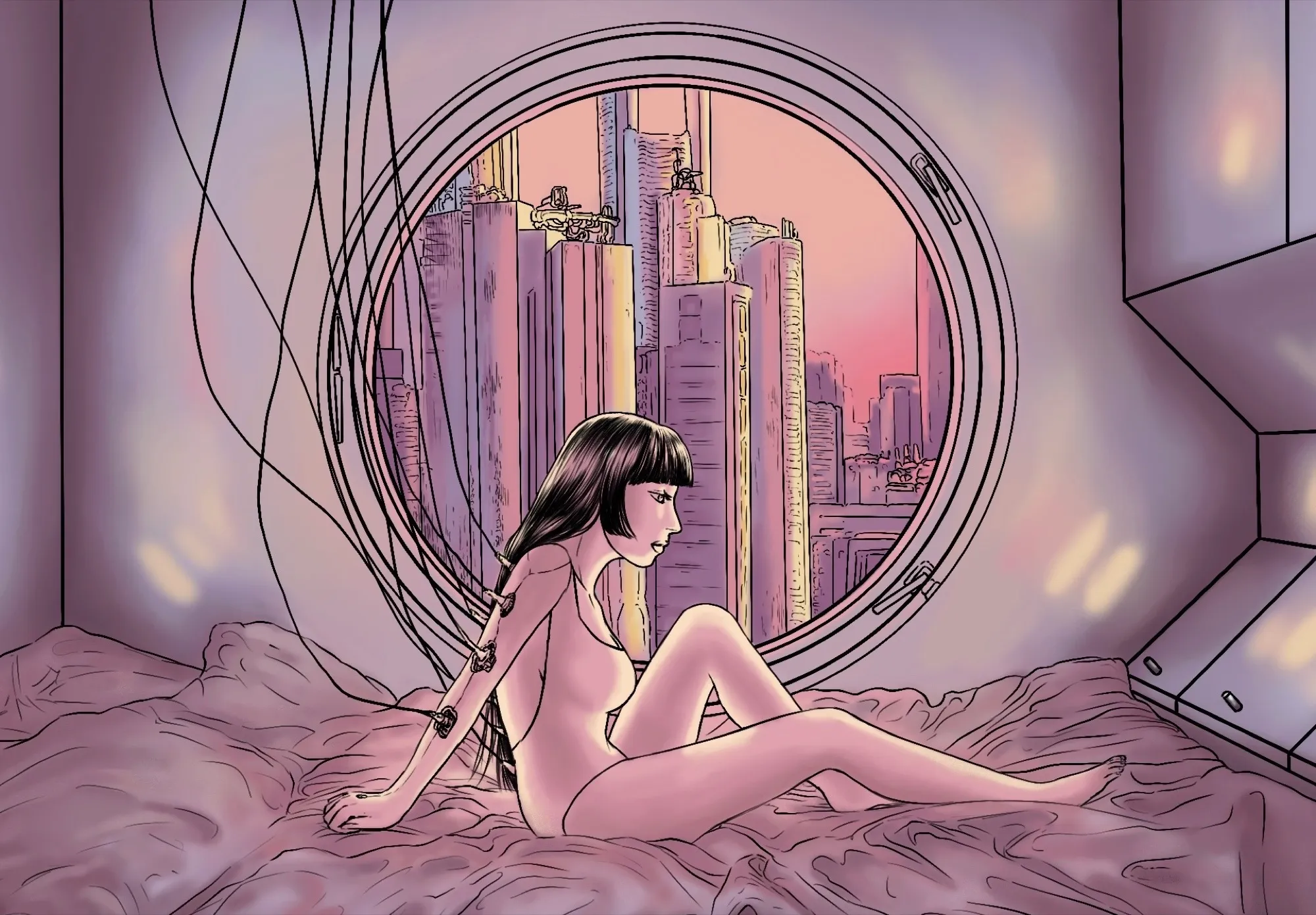 A figure at a round window, a pink city rising outside