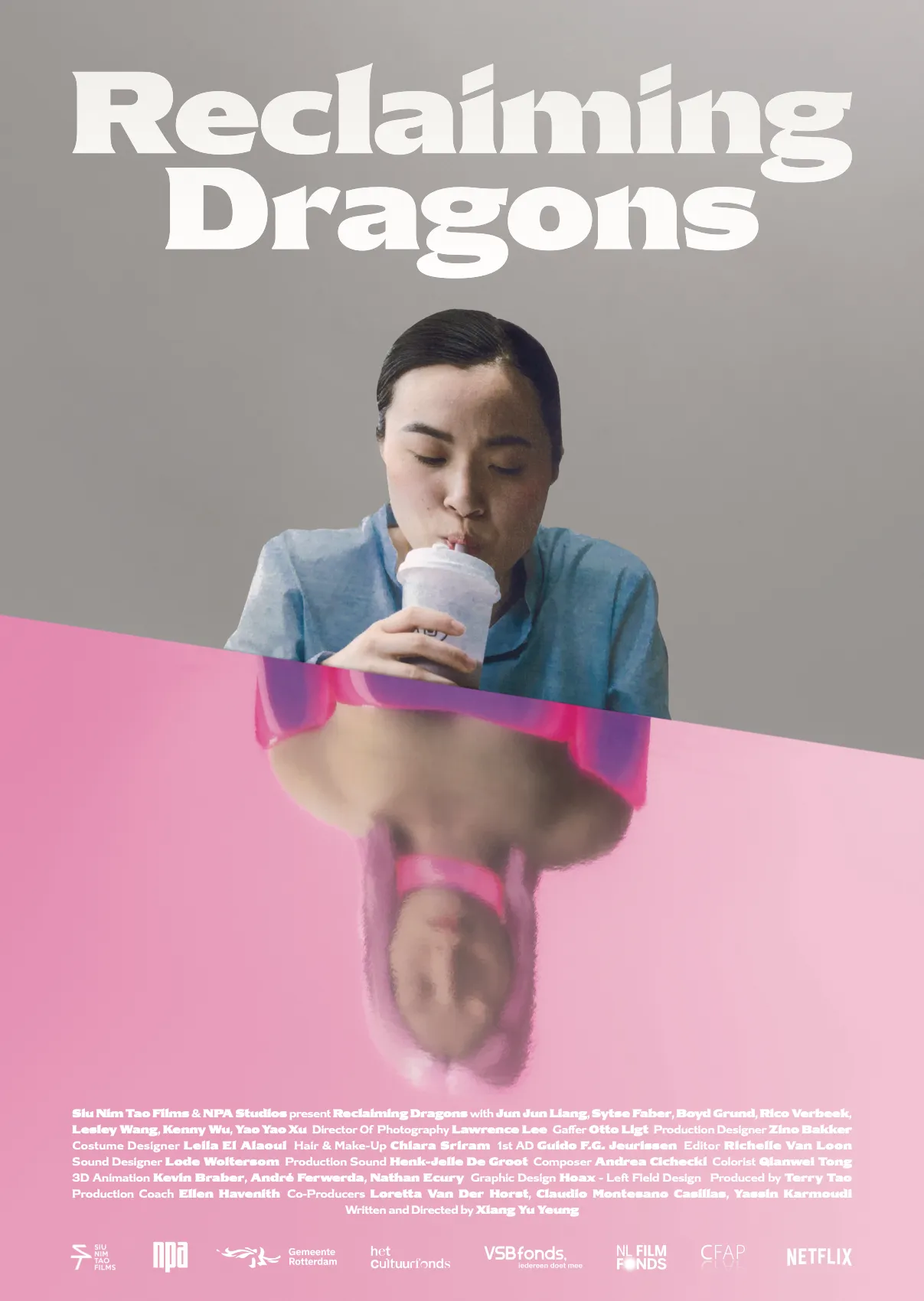 Reclaiming Dragons poster: Ami sips a drink above her inverted pink reflection