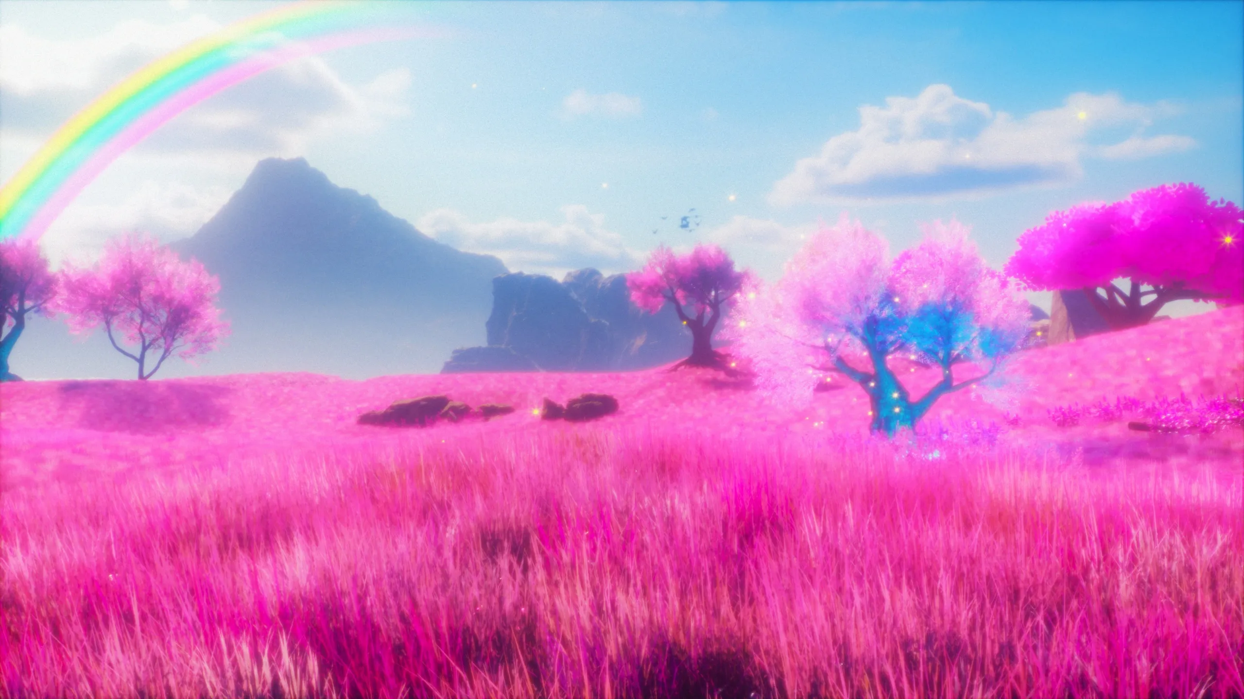 The candyfloss-pink virtual world: a rainbow arcs over luminous pink grassland