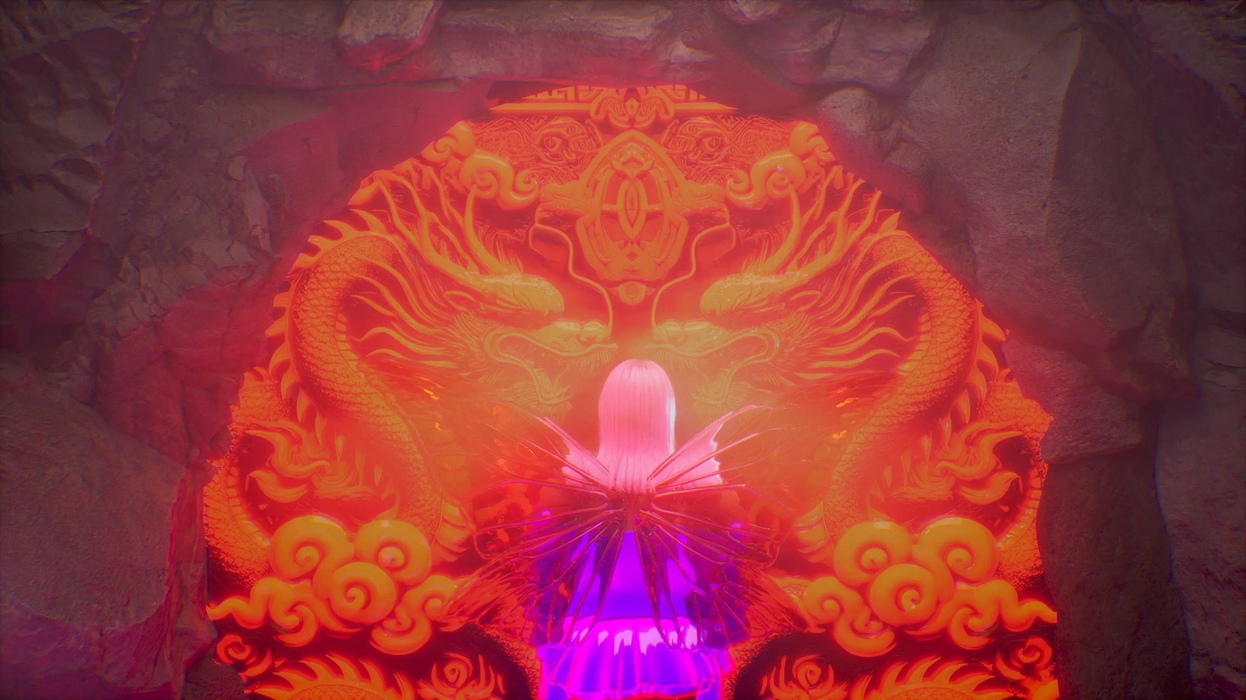A pink-haired figure stands before a glowing gate carved with golden dragons