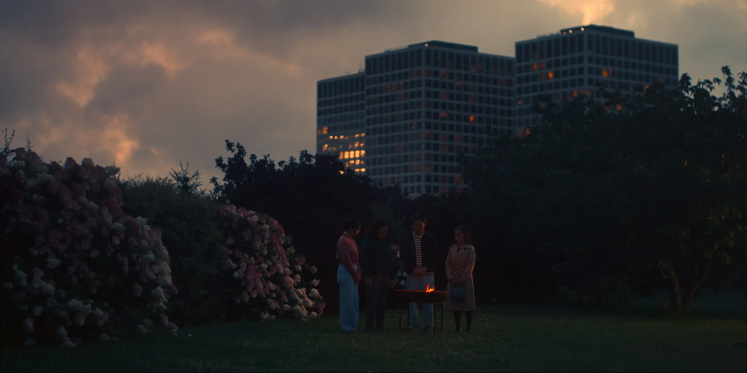 A garden gathering at dusk beneath Rotterdam tower blocks