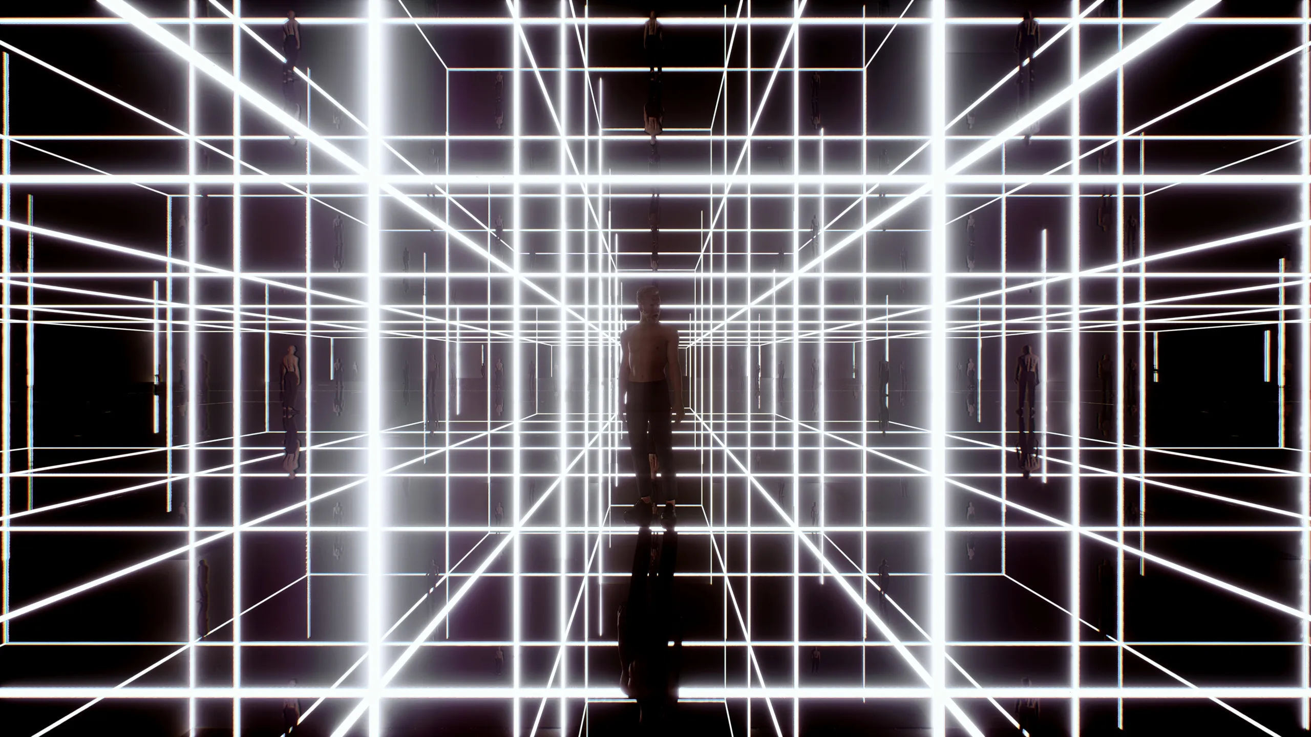 A lone figure in an endless grid of white light